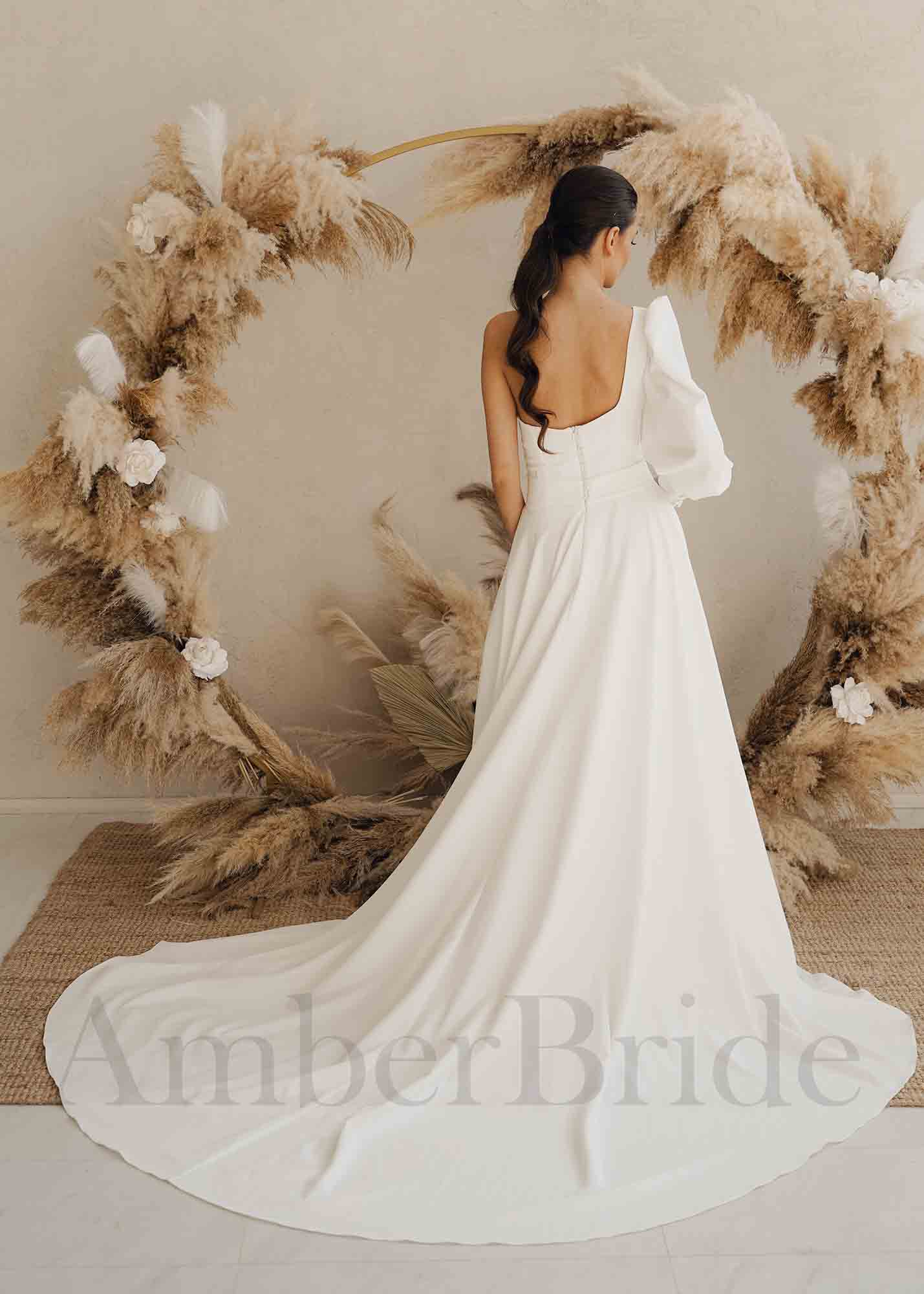 Elegant One Shoulder A-Line Crepe Wedding Dress with Long Bishop Sleeve