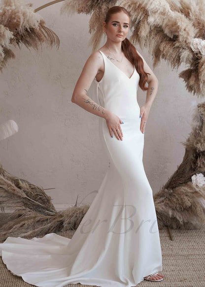 Simple Satin Mermaid Wedding Dress with V-Neck, Spaghetti Straps and Low Back