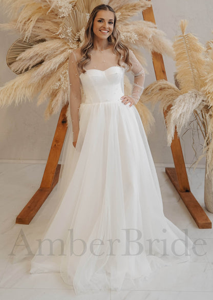 Simple A Line Tulle and Satin Wedding Dress with Sweetheart Neckline and Illusion Design