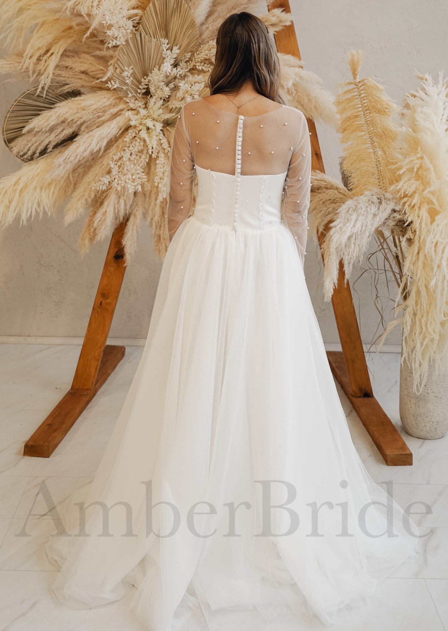 Simple A Line Tulle and Satin Wedding Dress with Sweetheart Neckline and Illusion Design