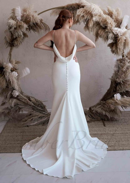 Simple Satin Mermaid Wedding Dress with V-Neck, Spaghetti Straps and Low Back