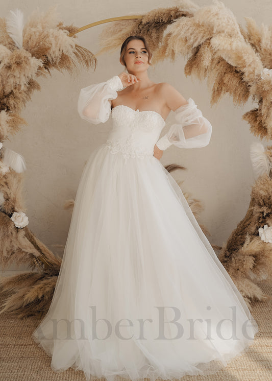 Boho A-Line Wedding Dress with Tulle Skirt and Sweetheart Off-Shoulder Top