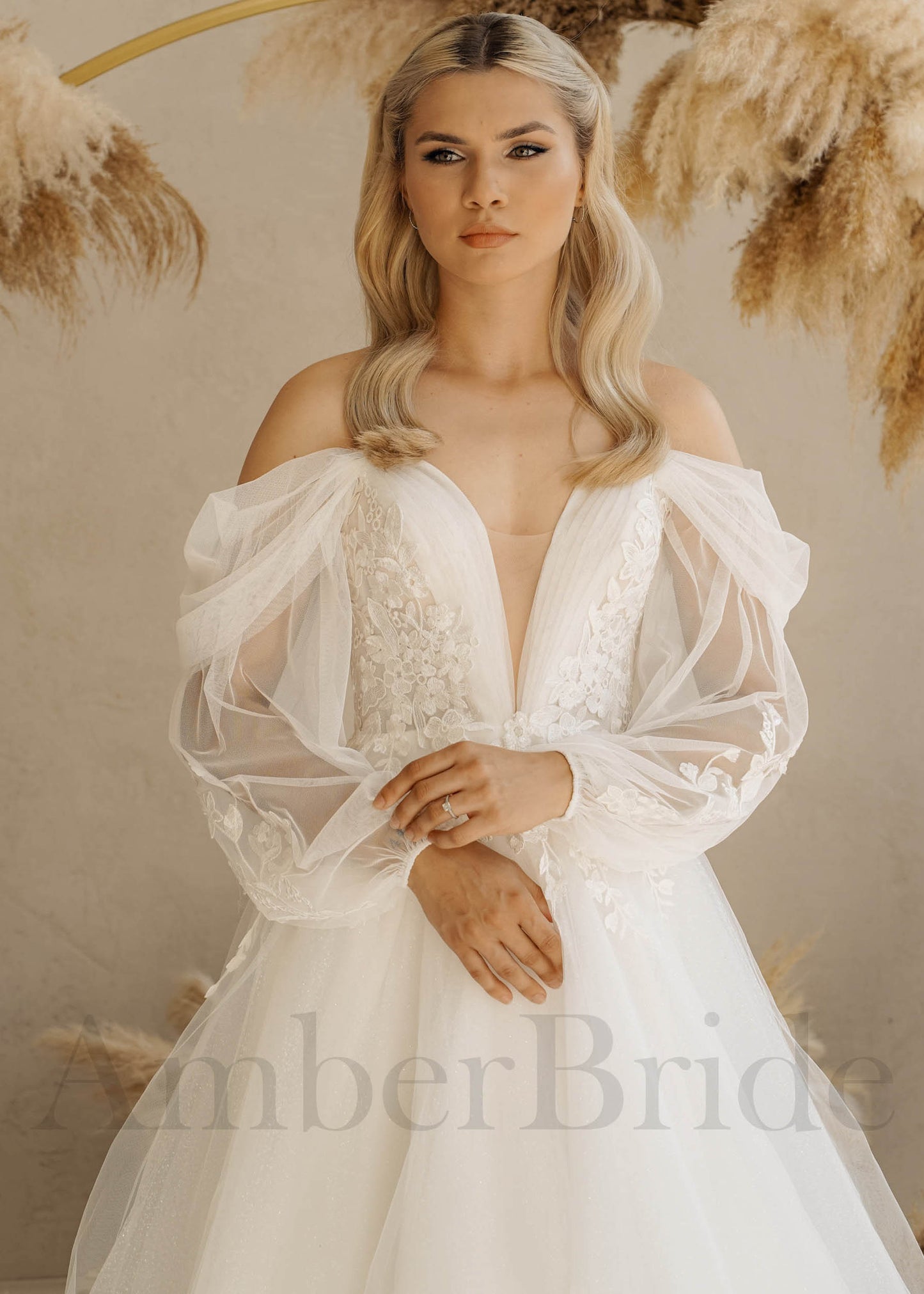 Boho A Line Floral Wedding Dress with Long Puffy Sleeves and Deep V-Neck