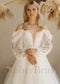 Boho A Line Floral Wedding Dress with Long Puffy Sleeves and Deep V-Neck