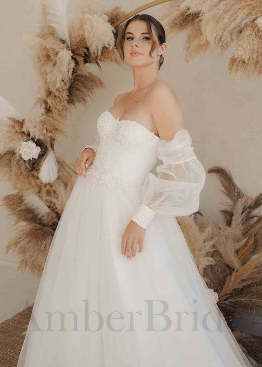 Boho A-Line Wedding Dress with Tulle Skirt and Sweetheart Off-Shoulder Top