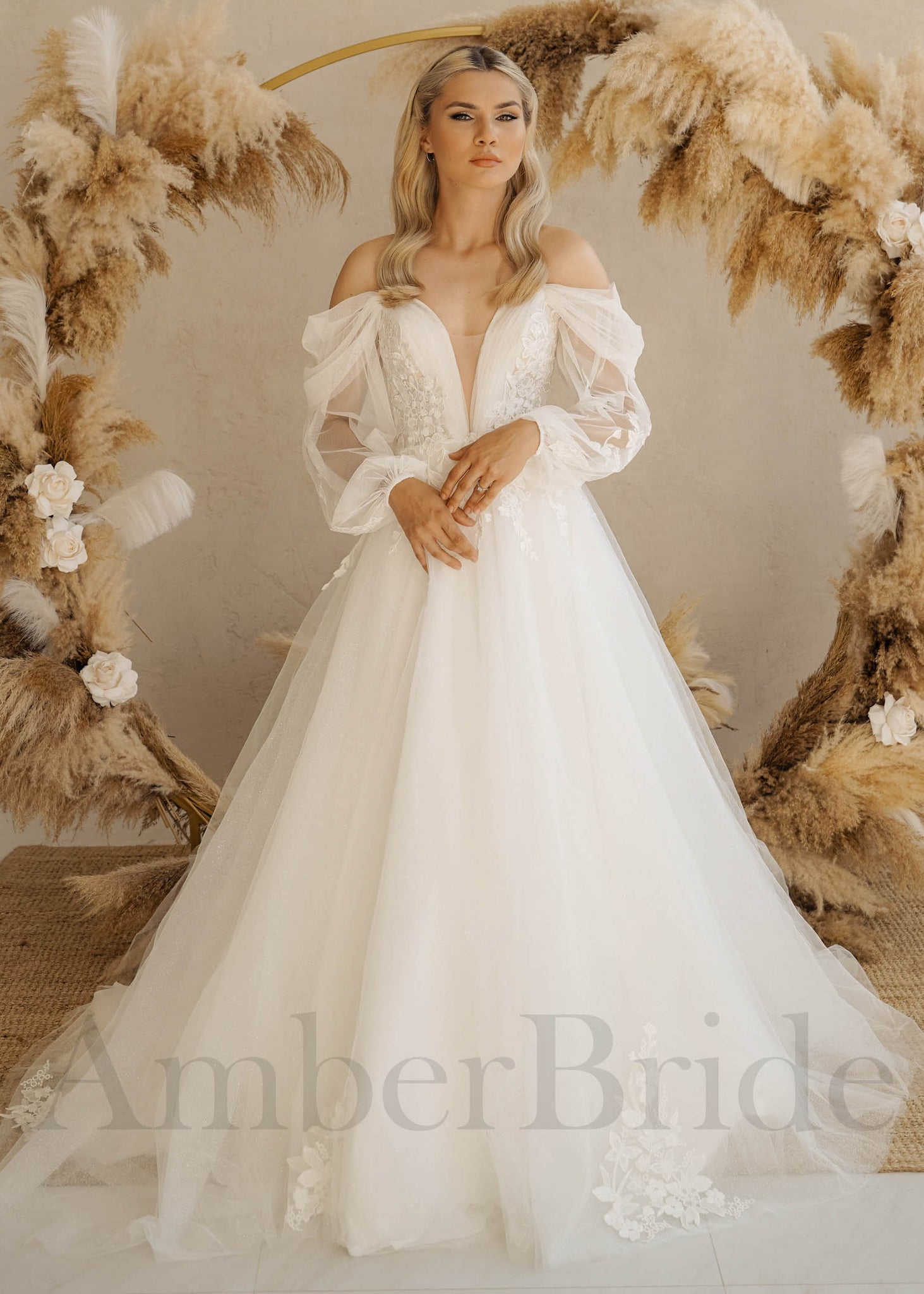 Boho A Line Floral Wedding Dress with Long Puffy Sleeves and Deep V-Neck