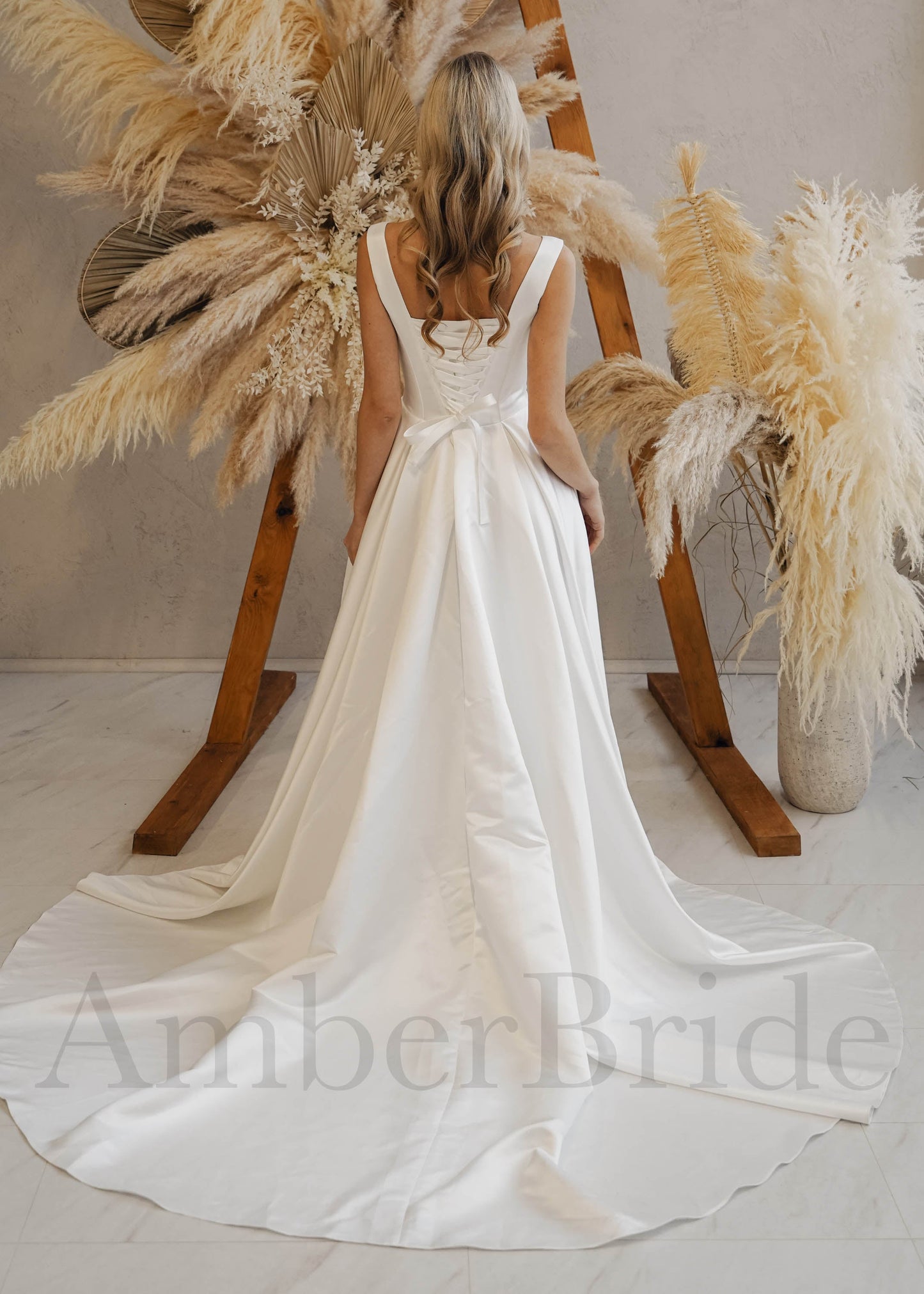 Minimalist A-Line Satin Wedding Dress with Square Neck and Slit