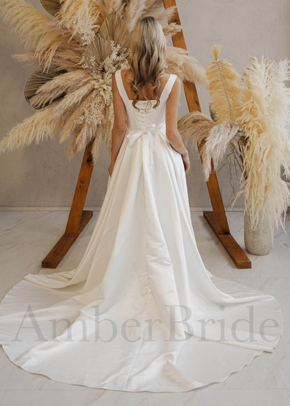 Minimalist A-Line Satin Wedding Dress with Square Neck and Slit