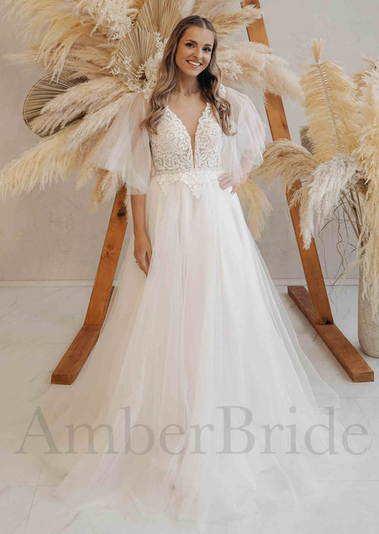 Boho A Line Tulle Wedding Dress with Cape Sleeves and Deep V Lace Top