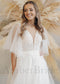 Boho A Line Tulle Wedding Dress with Cape Sleeves and Deep V Lace Top