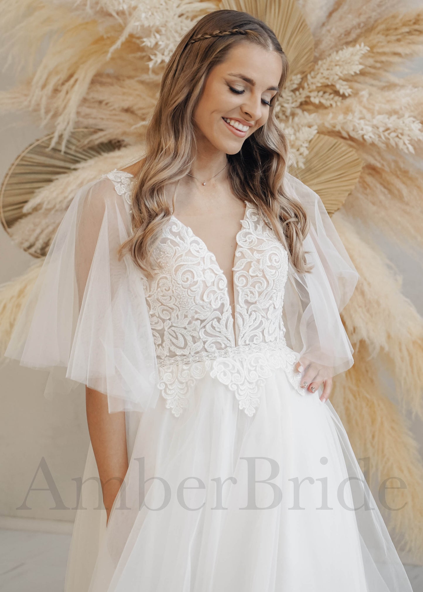 Boho A Line Tulle Wedding Dress with Cape Sleeves and Deep V Lace Top