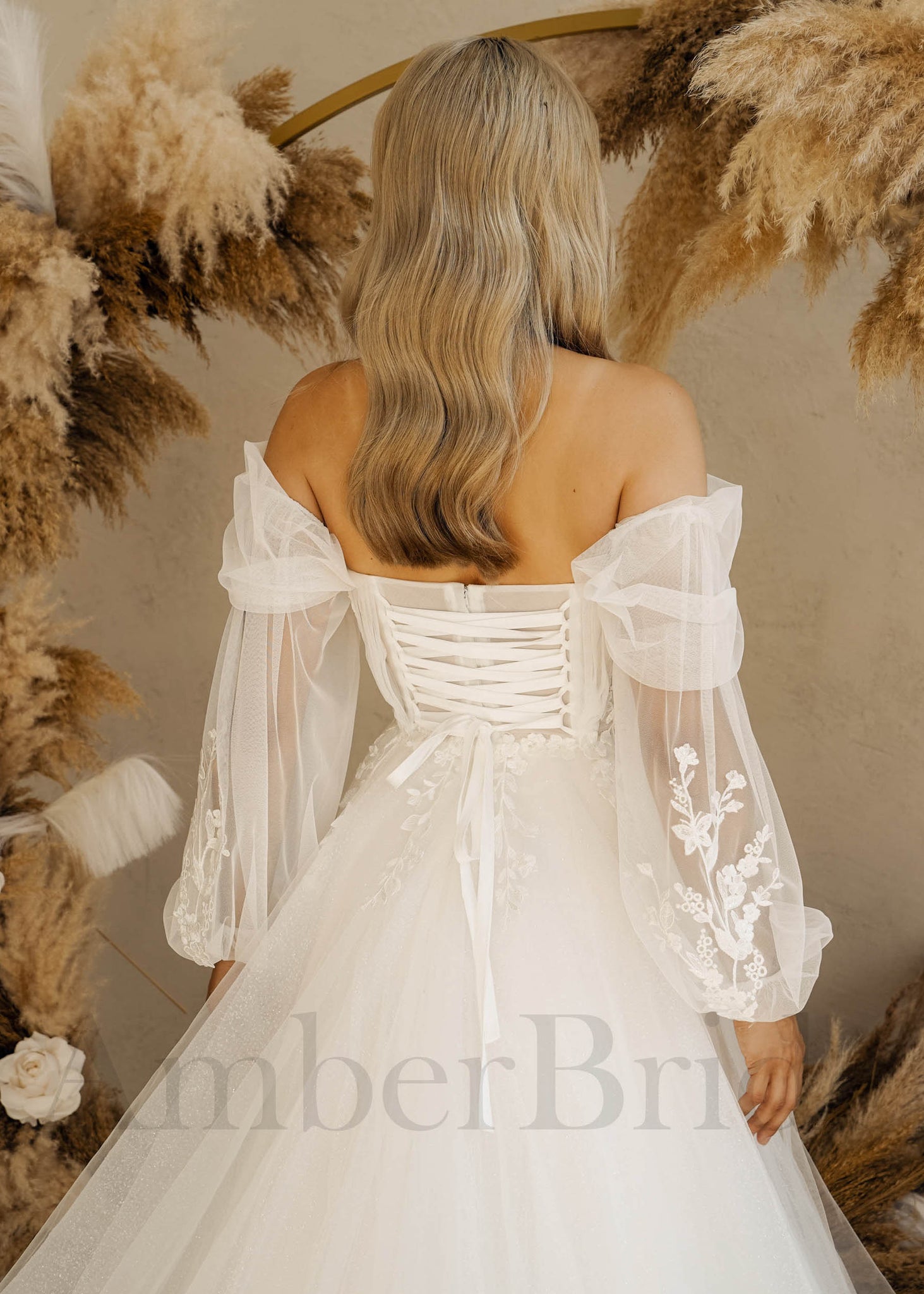 Boho A Line Floral Wedding Dress with Long Puffy Sleeves and Deep V-Neck