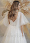 Boho A Line Tulle Wedding Dress with Cape Sleeves and Deep V Lace Top