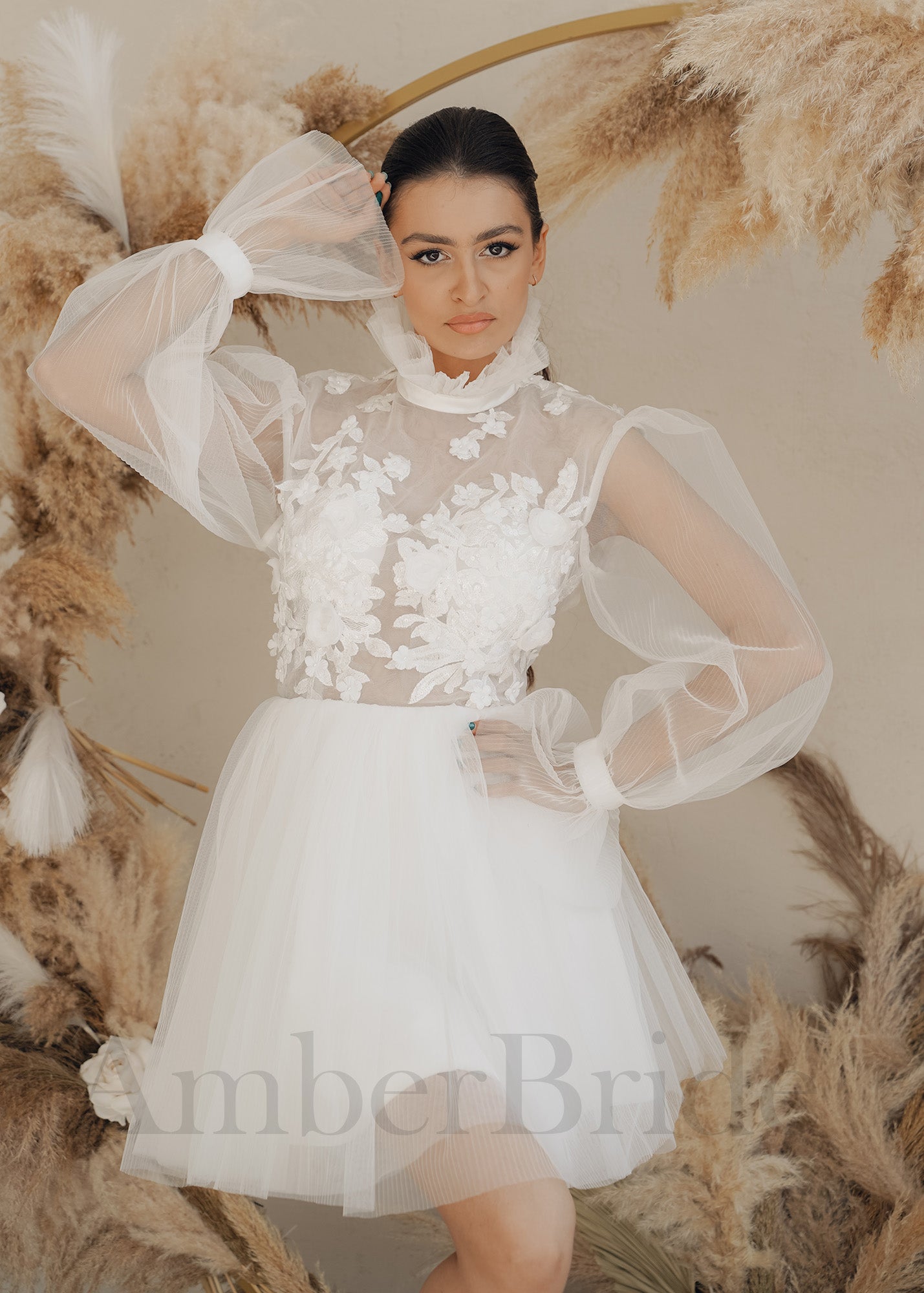 Floral Mini Tulle Dress with Long Puffy Sleeves and Backless Design