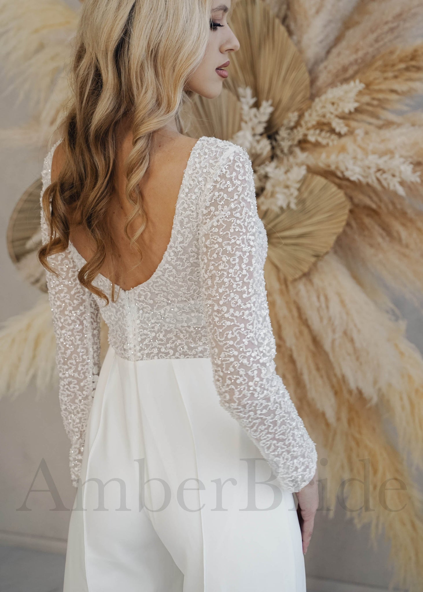 Exclusive Bridal Jumpsuit with Long Sleeve and V Shape Open Back