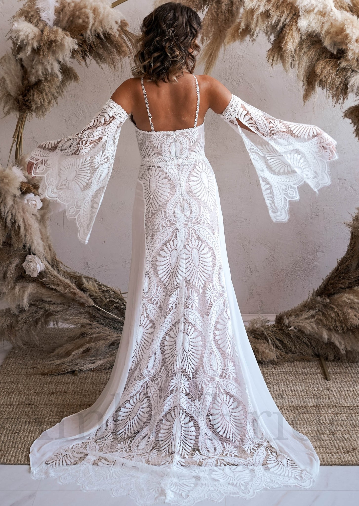 Boho Sheath Lace Wedding Dress with High Neck and Spaghetti Straps