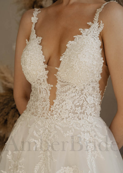 Rustic A Line Wedding Dress with Deep-V Neck and Backless Design