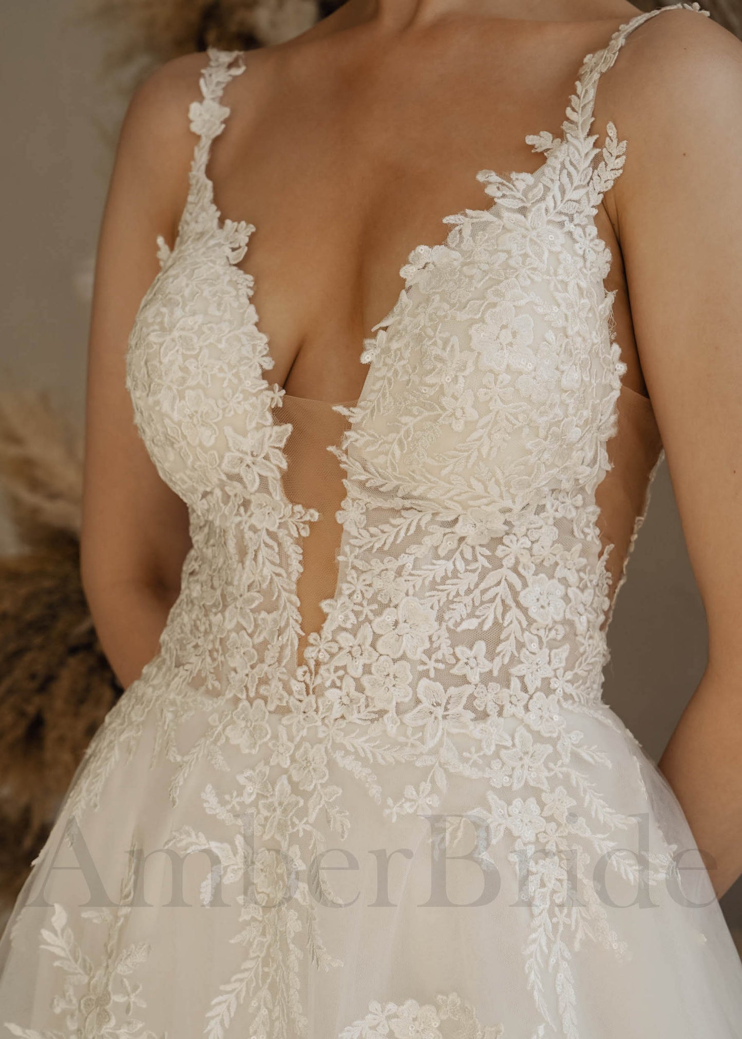 Rustic A Line Wedding Dress with Deep-V Neck and Backless Design