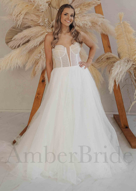 Modern A-Line Strapless Wedding Dress with Deep V Neckline and Tulle Skirt