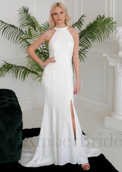 Simple Mermaid Satin Wedding Dress with Halter Neck and Backless Design