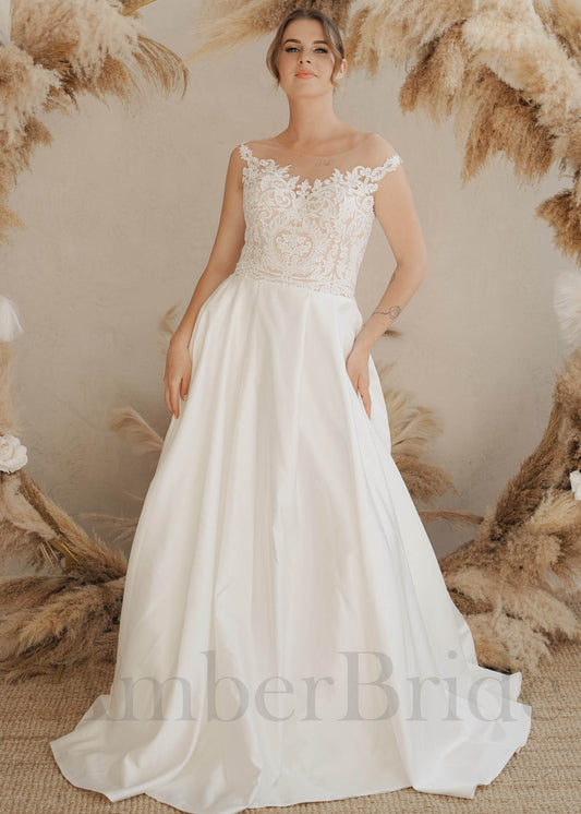 Boho A-Line Wedding Dress with Open Back and Satin Skirt