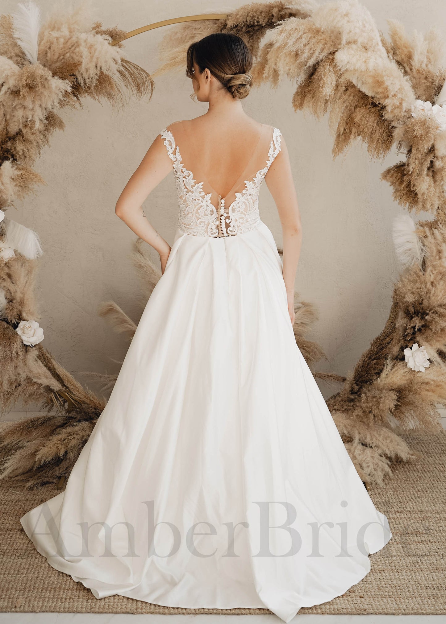 Boho A-Line Wedding Dress with Open Back and Satin Skirt