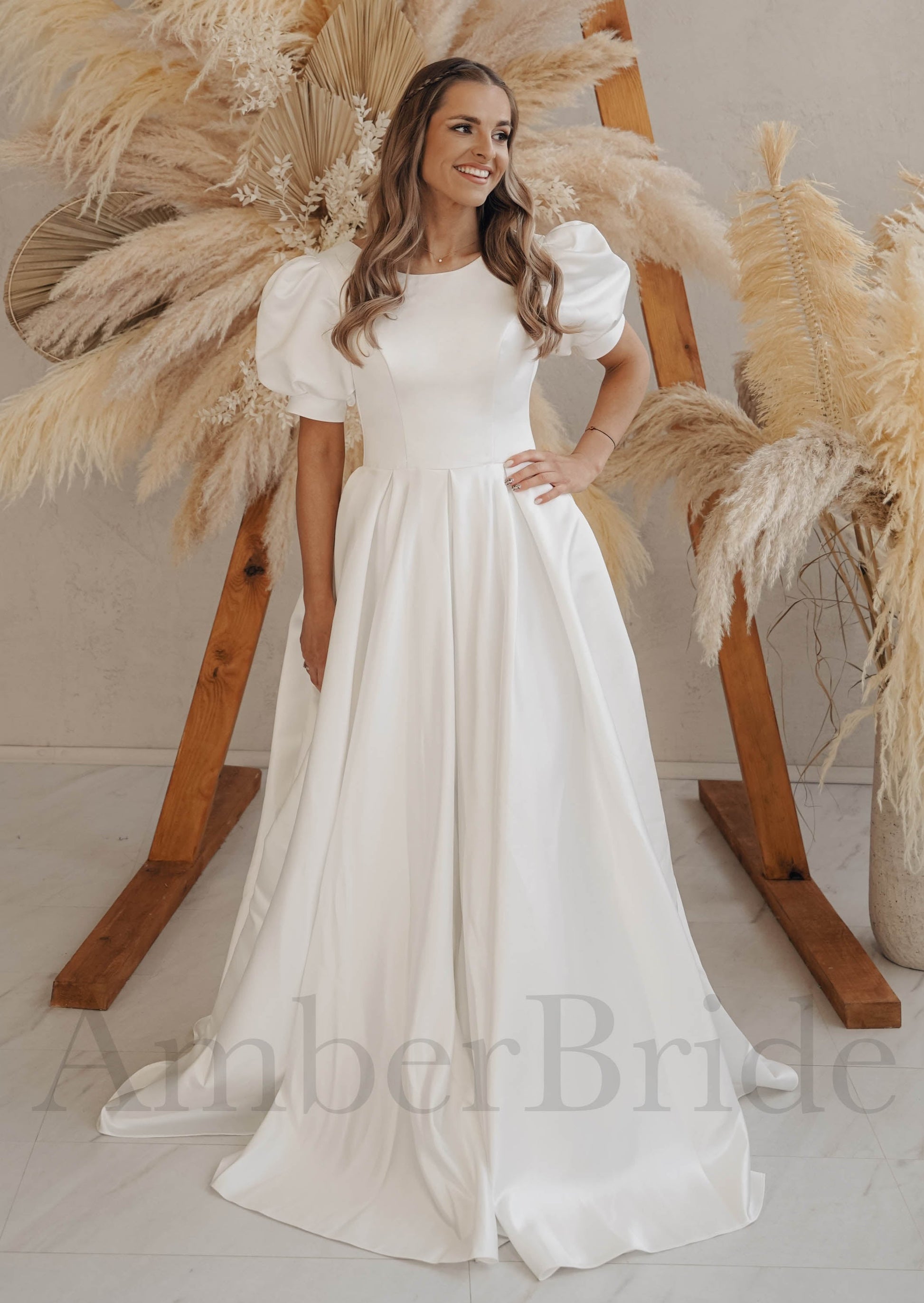 Classic A-Line Satin Wedding Dress with Puffy Sleeves | AmberBride Classic A-Line Satin Wedding Dress with Puffy Sleeves | AmberBride