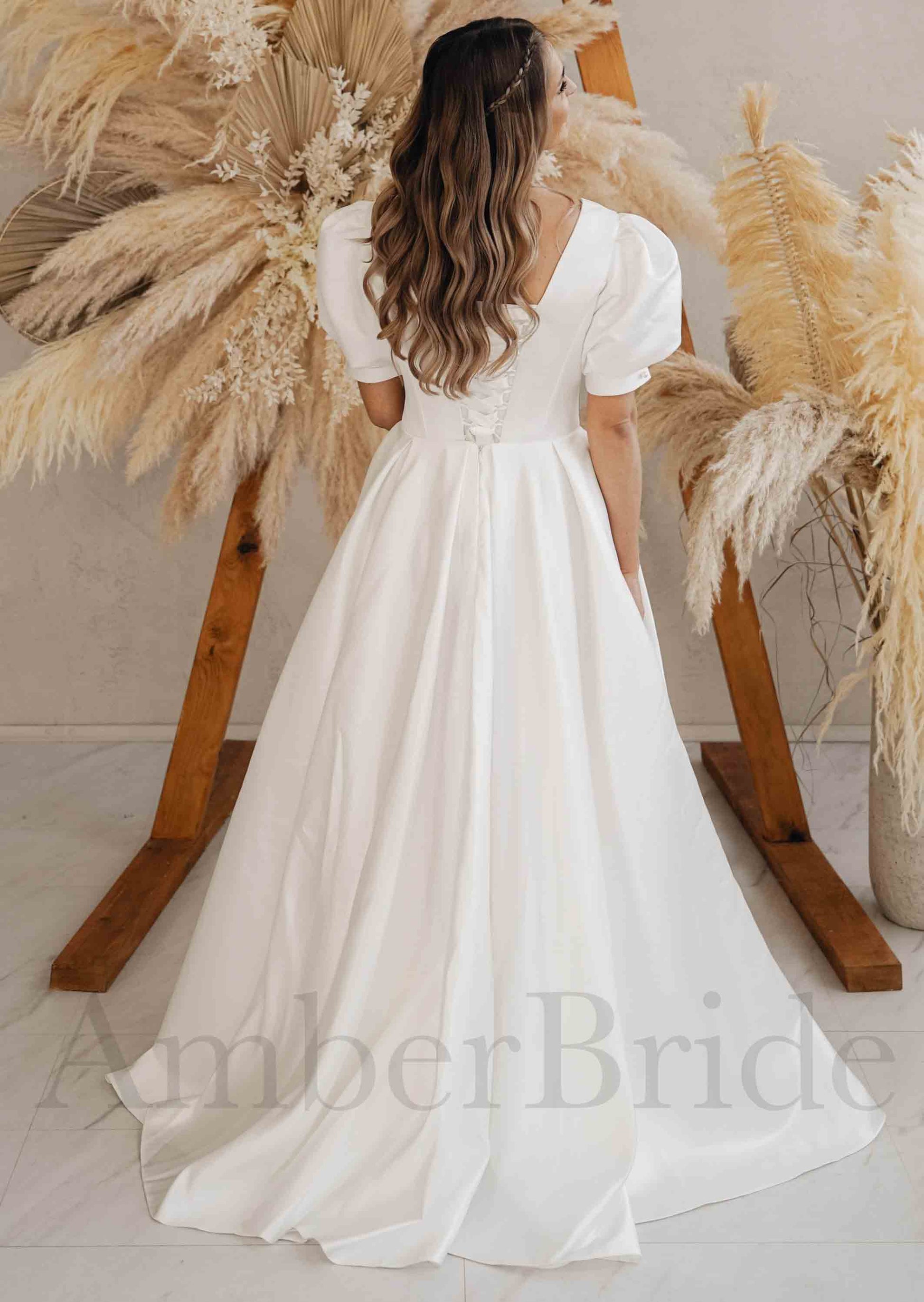 Classic A-Line Satin Wedding Dress with Puffy Sleeves | AmberBride Classic A-Line Satin Wedding Dress with Puffy Sleeves | AmberBride
