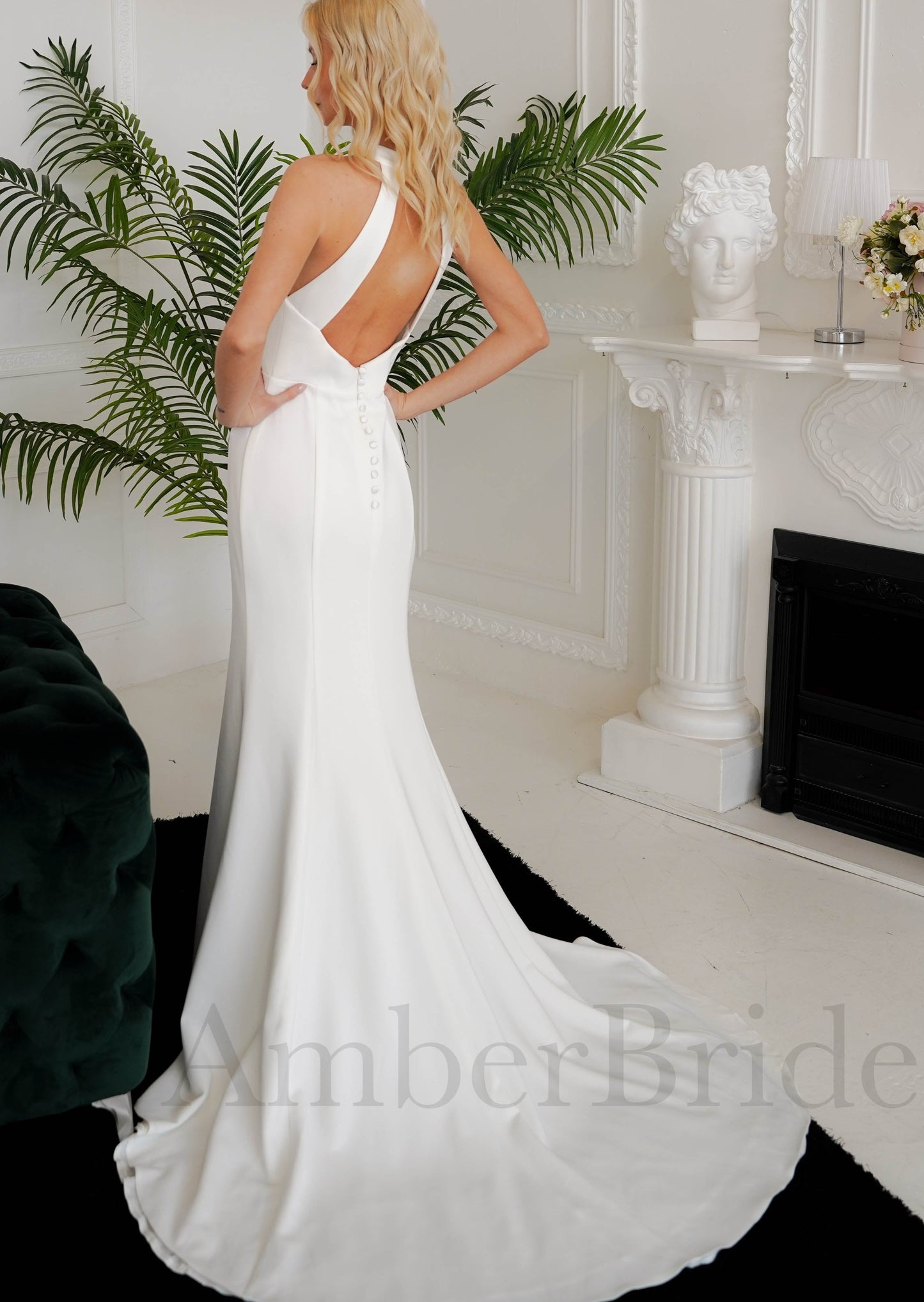 Simple Mermaid Satin Wedding Dress with Halter Neck and Backless Design