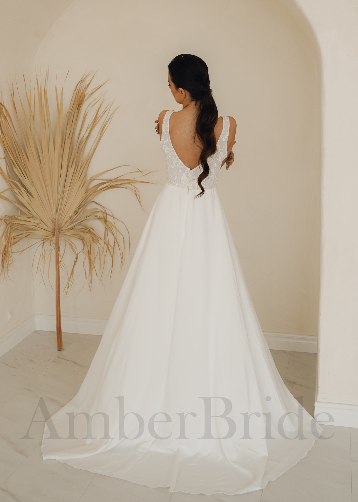 Boho A-Line Backless Wedding Dress with Chiffon Skirt