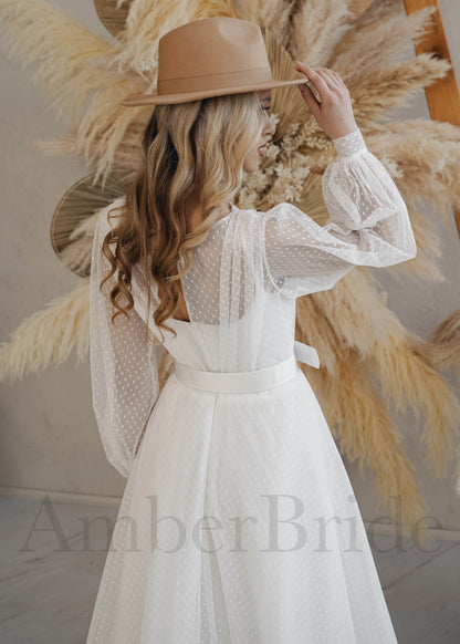 Boho A Line Tulle Wedding Dress with Sheer Bishop Sleeves and Polka Dot Design