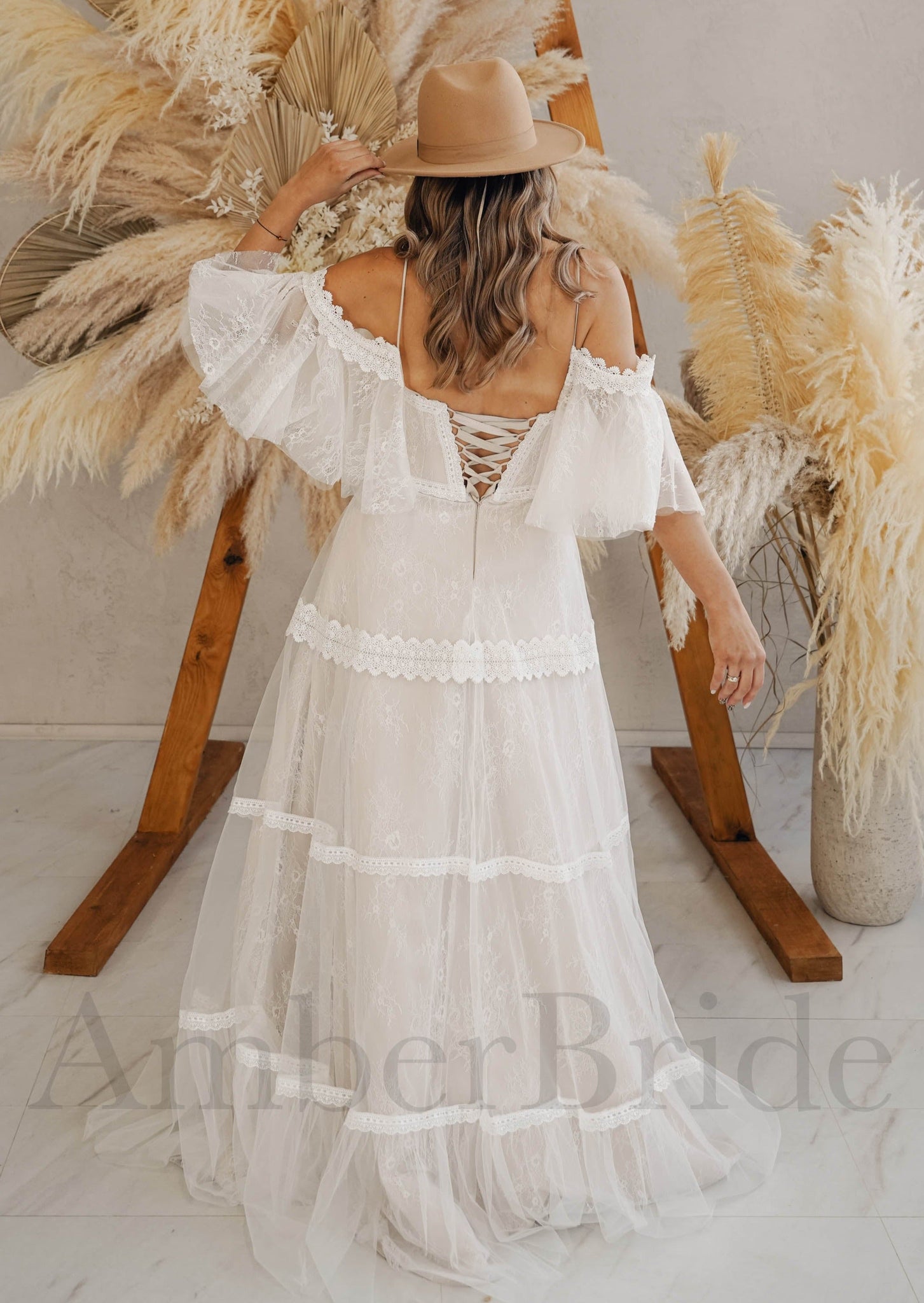 Boho A-Line Lace Wedding Dress with Off-the-Shoulder Design and Lace Detailing