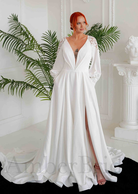 Boho A Line Satin Wedding Dress with Bishop Sleeves and Deep V-Neck