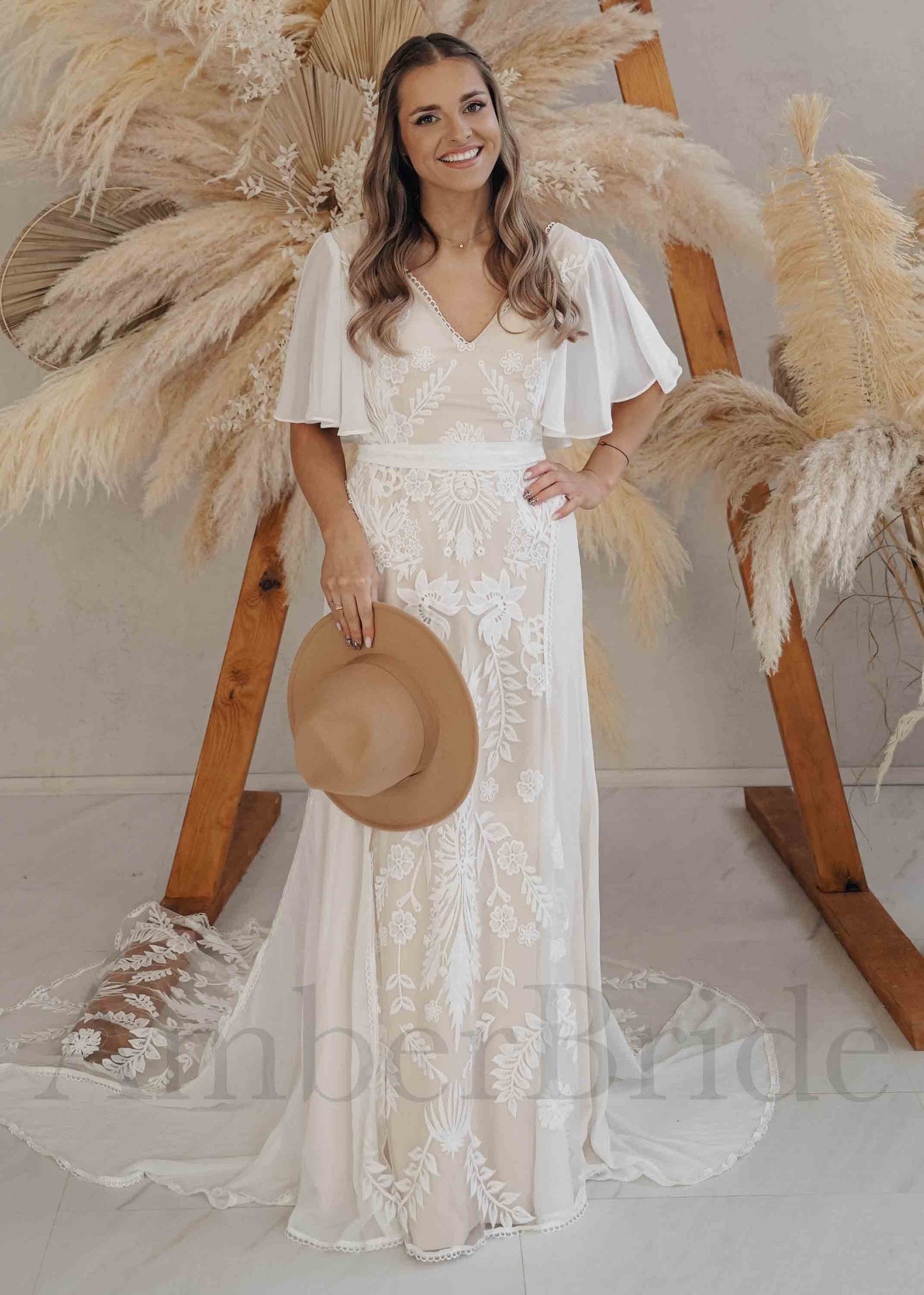 Boho A-Line Chiffon Wedding Dress with Lace Flowers, Cape Sleeve and Backless Design