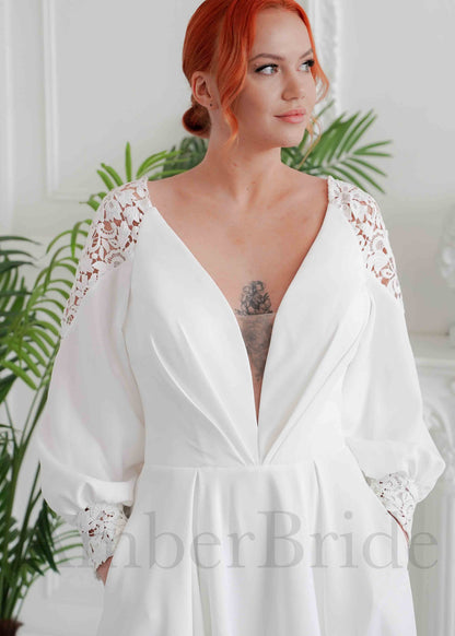 Boho A Line Satin Wedding Dress with Bishop Sleeves and Deep V-Neck