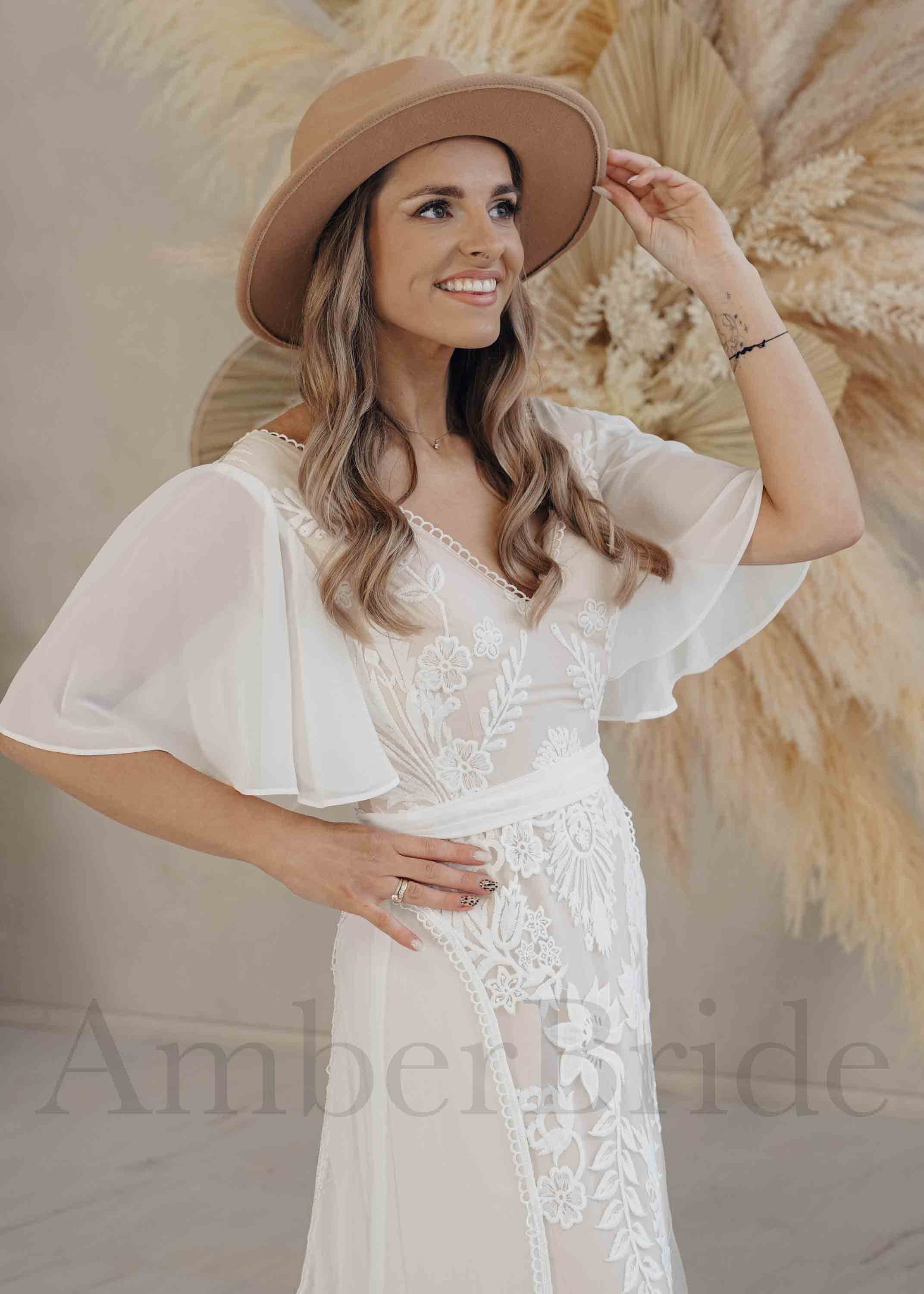 Boho A Line Chiffon Wedding Dress with Lace Flowers Cape Sleeve and Backless Design AmberBride