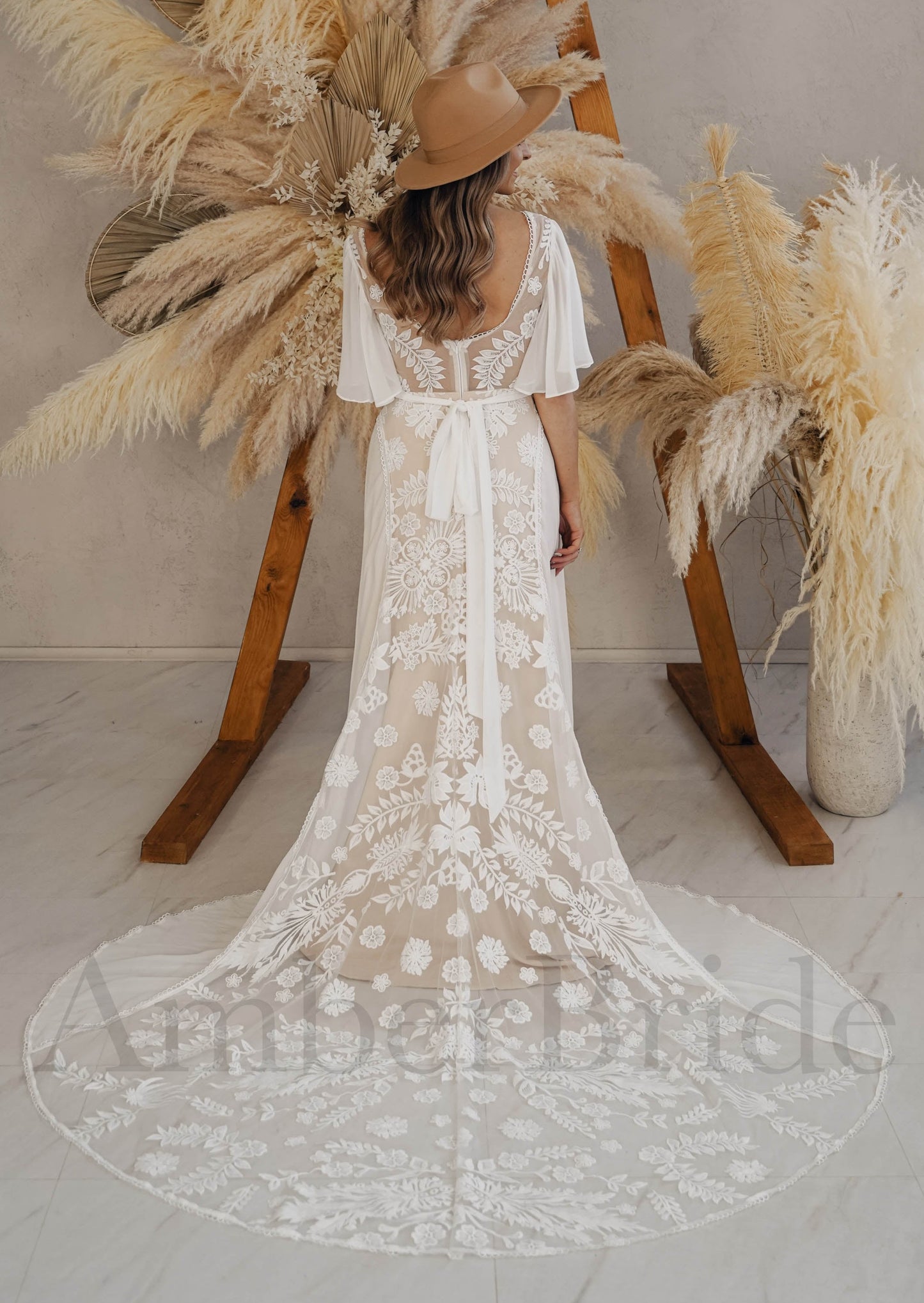 Boho A-Line Chiffon Wedding Dress with Lace Flowers, Cape Sleeve and Backless Design