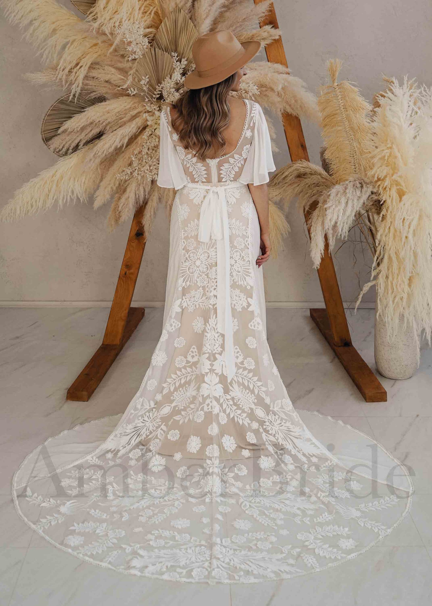 Boho A-Line Chiffon Wedding Dress with Lace Flowers, Cape Sleeve and Backless Design