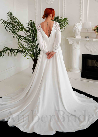 Boho A Line Satin Wedding Dress with Bishop Sleeves and Deep V-Neck