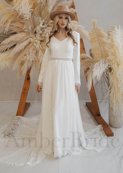 Unique Bohemian Lace and Chiffon V-Neck Wedding Dress with Long Sleeves