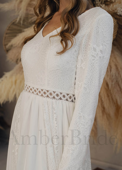 Unique Bohemian Lace and Chiffon V-Neck Wedding Dress with Long Sleeves