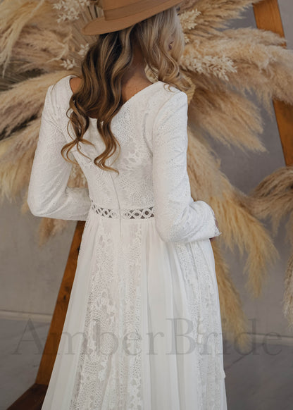 Unique Bohemian Lace and Chiffon V-Neck Wedding Dress with Long Sleeves