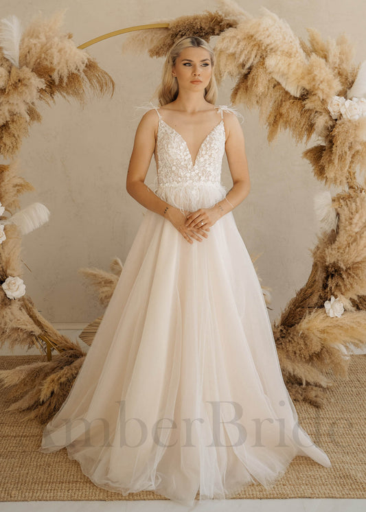 Rustic A Line Floral Wedding Dress with Feathers and Detachable Sleeves