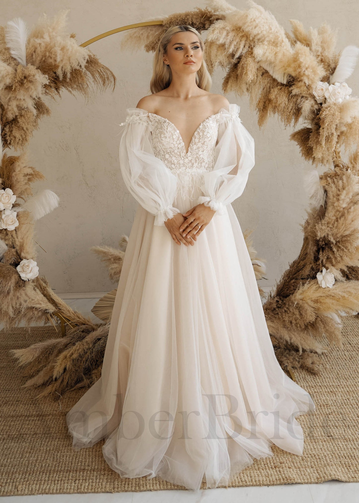 Rustic A Line Floral Wedding Dress with Feathers and Detachable Sleeves