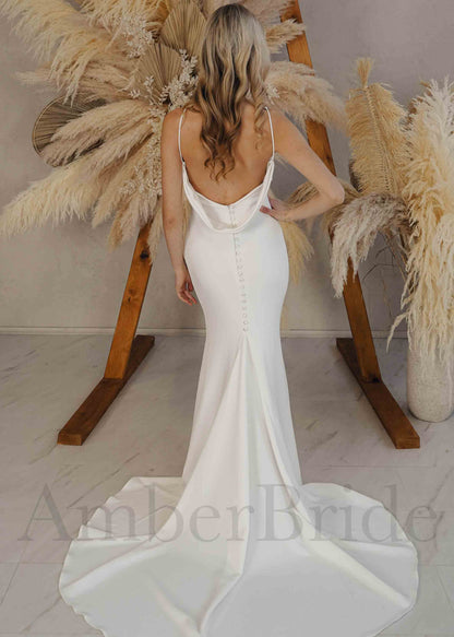 Simple Satin Mermaid Wedding Dress with V-Neck, Spaghetti Straps and Low Back