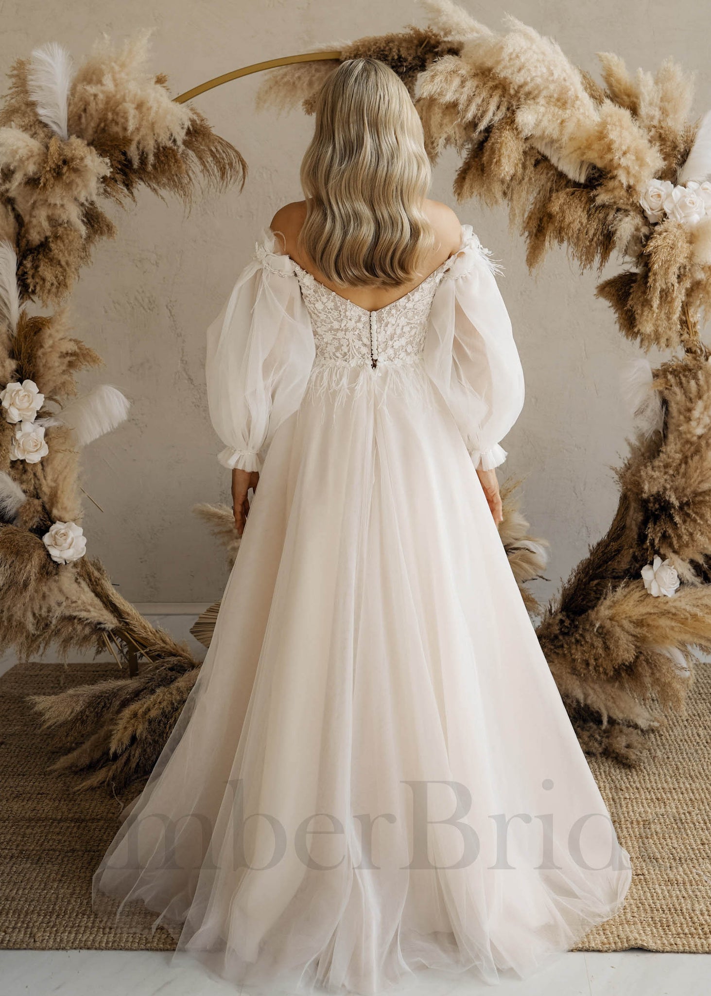 Rustic A Line Floral Wedding Dress with Feathers and Detachable Sleeves
