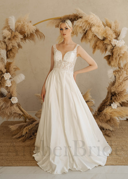 Rustic A Line Wedding dress with Lace Flowers and Satin Skirt