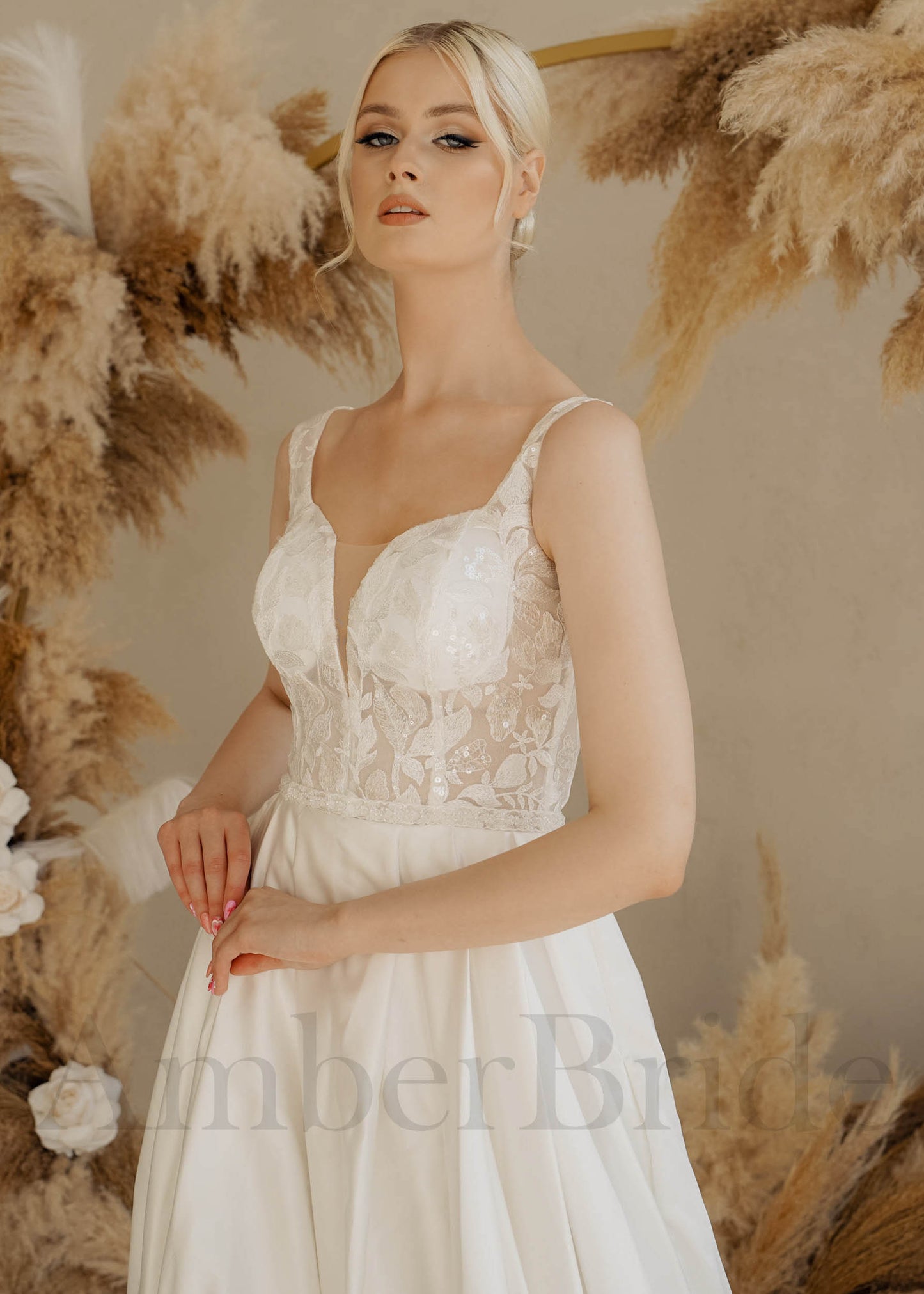 Rustic A Line Wedding dress with Lace Flowers and Satin Skirt