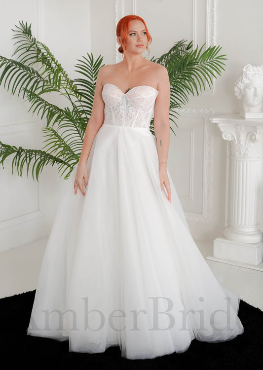 Strapless A Line Tulle Wedding Dress with Sweetheart Neckline and Low Back
