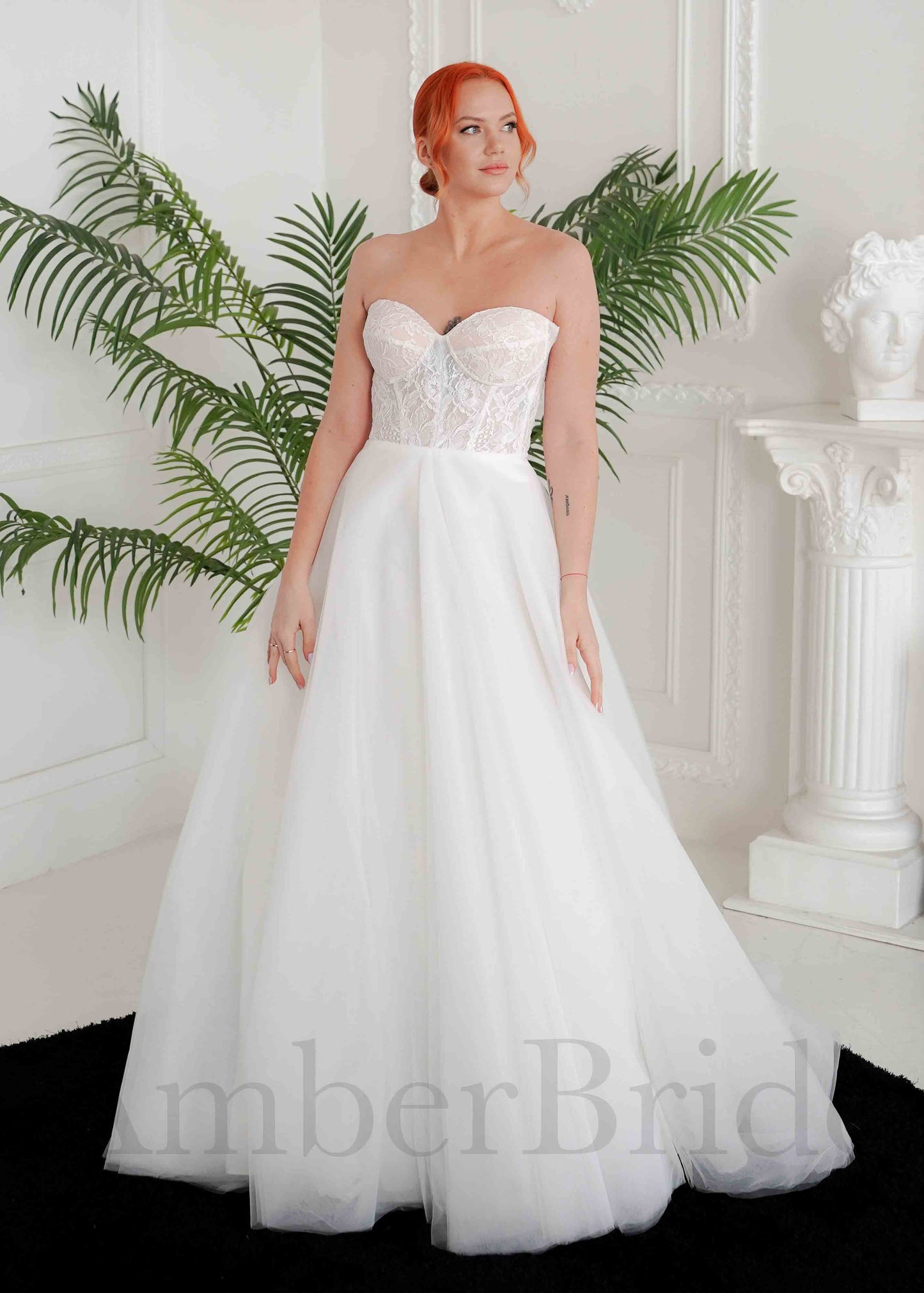 Strapless A Line Tulle Wedding Dress with Sweetheart Neckline and Low Back